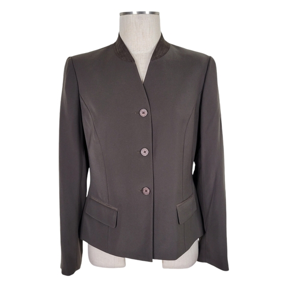 Kasper ASL Blazer Size 8 Brown Flap Pockets Long Sleeve Band Collar Lined - Picture 1 of 9